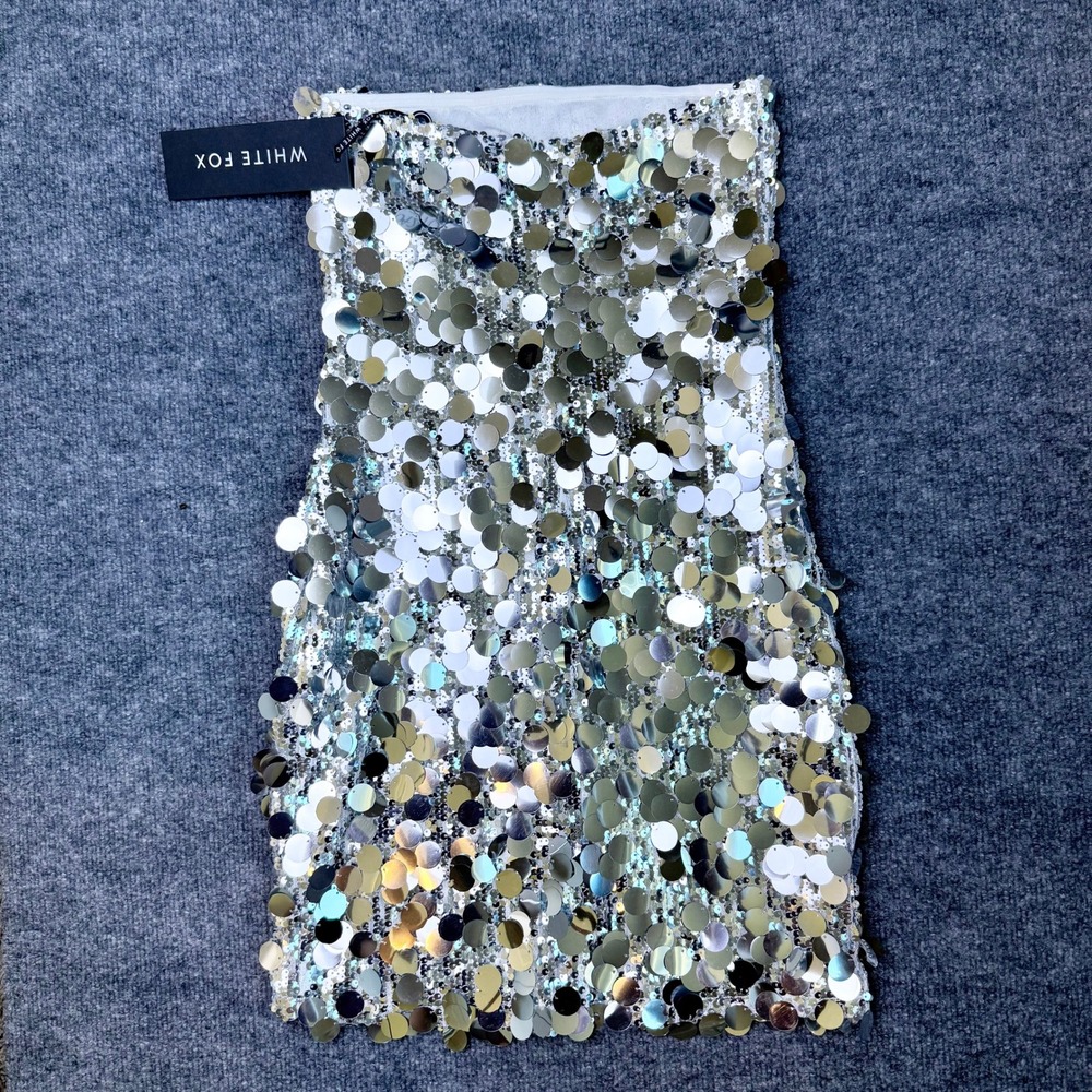 NWT White Fox Silver Sequin Paillette Strapless Glam Mini Dress Women's Size XS - Picture 5 of 8